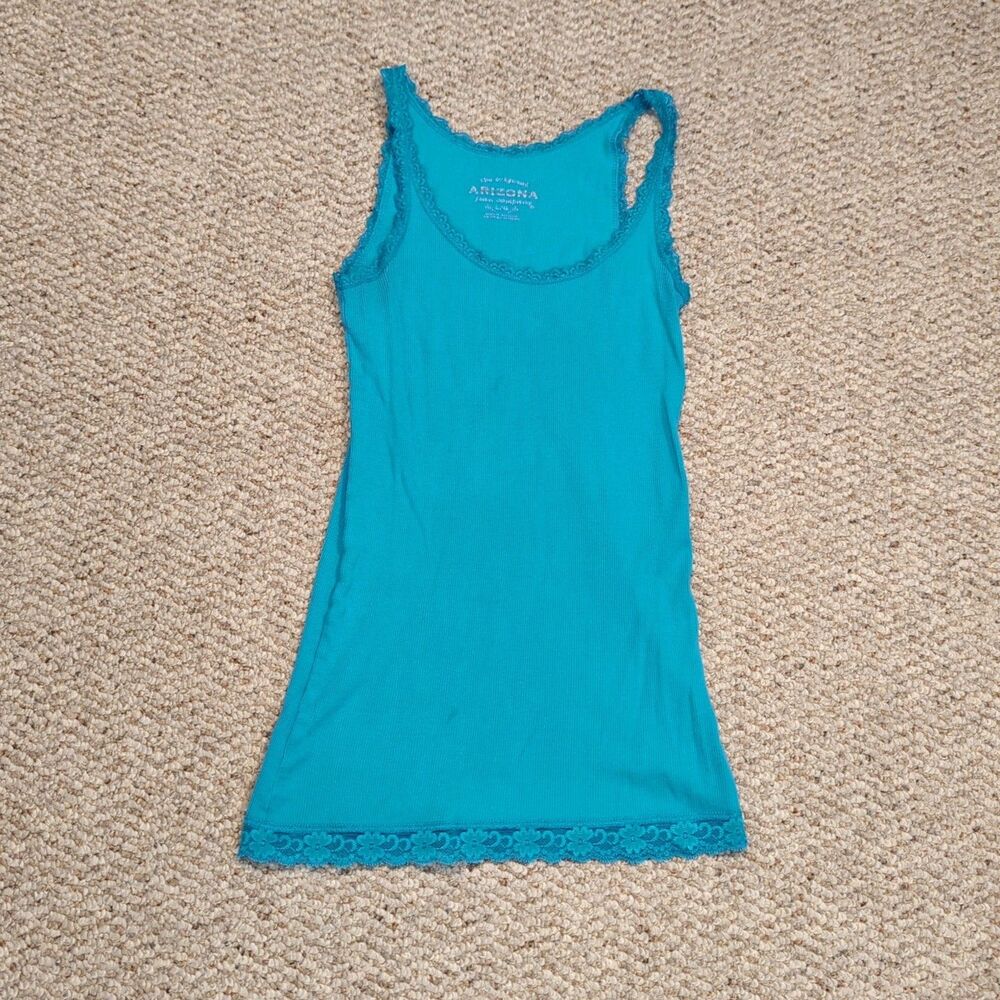 Arizona Y2K Lace Floral Trim Ribbed Knit Cami Womens Large Turquoise Festival
